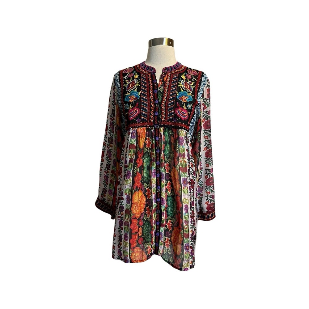 All About Her Tunic Top Small Colorful Floral Embroidered Blouse Semi Sheer